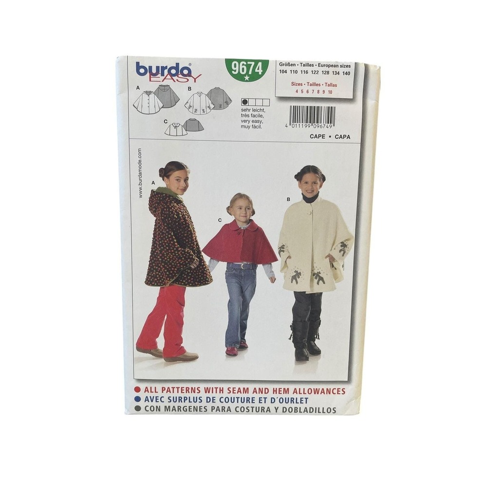Burda Cape Sewing Pattern Kids Size 4-10 9674 Easy Hooded Collared Outerwear
